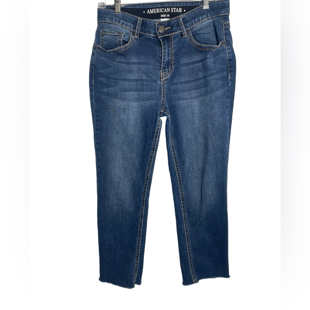 American Star jeans size 10 mid-rise straight leg frayed ankle blue‎ denim jeans